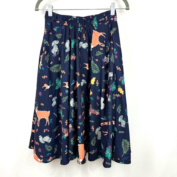MODCLOTH Sz S Flare Navy Midi Skirt Squirrel Deer Forest Animals Print w/Pockets - Picture 2 of 12